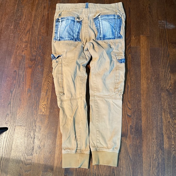 Heritage America Tan Denim Distressed/Patches Cargo Pants, Ribbed Cuffs, 32”x31” - Picture 8 of 9